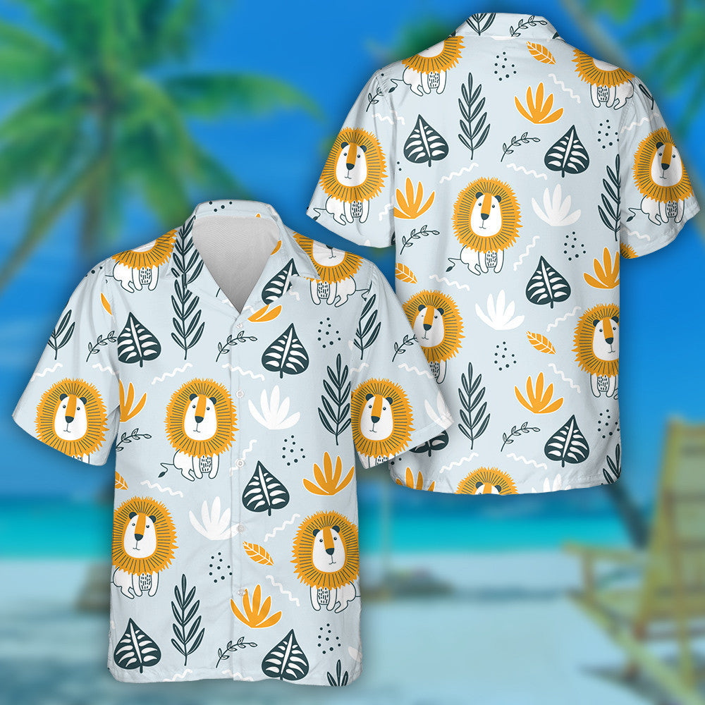 Funny Lion And Leaves On Blue Background Hawaiian Shirt, Hawaiian Shirt Gift, Christmas Gift