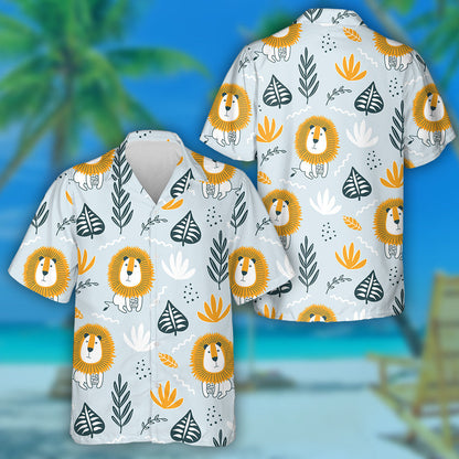 Funny Lion And Leaves On Blue Background Hawaiian Shirt, Hawaiian Shirt Gift, Christmas Gift