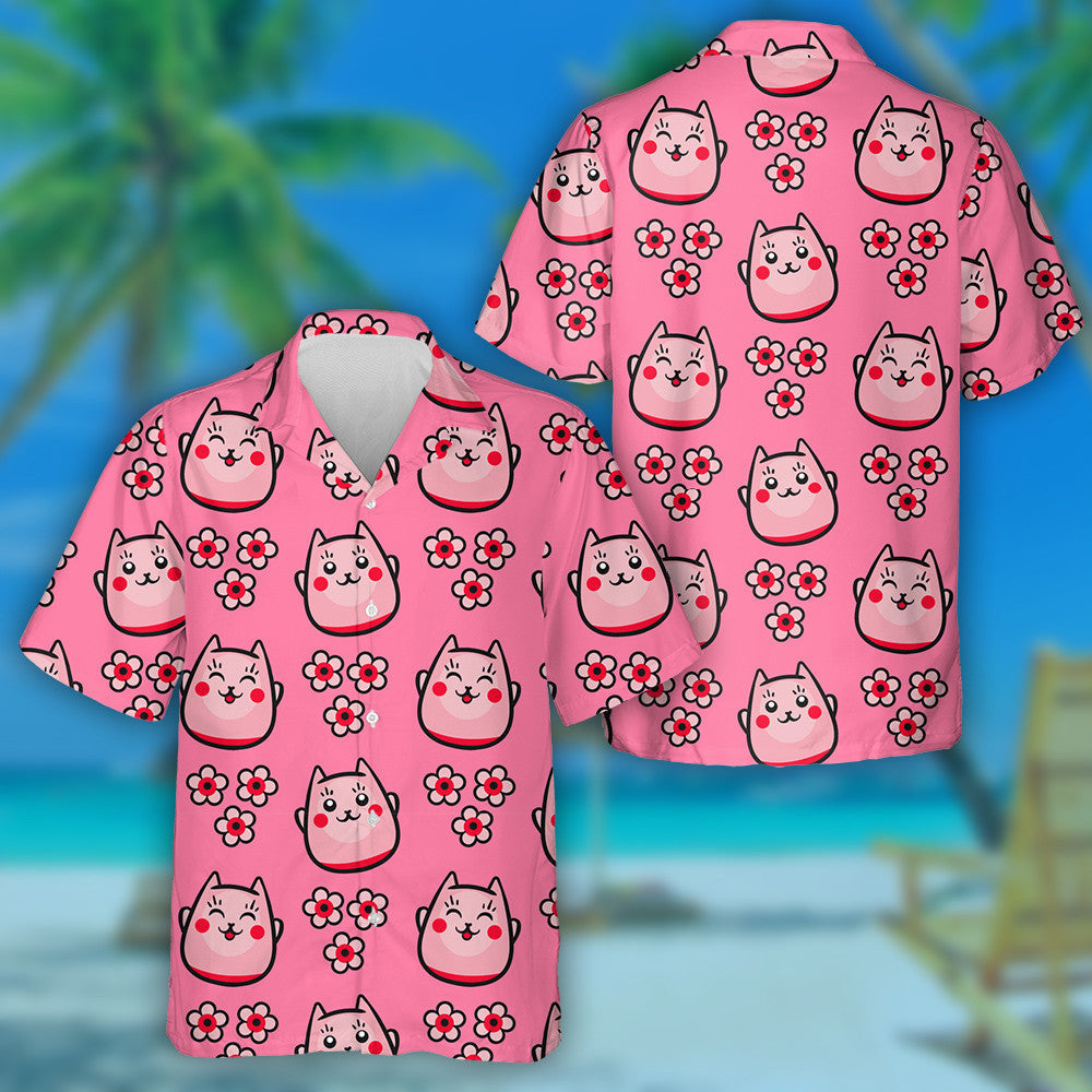 Japanese Cat Maneki Neko And Bright Pink Flowers Hawaiian Shirt, Hawaiian Shirt Gift, Christmas Gift