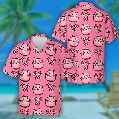 Japanese Cat Maneki Neko And Bright Pink Flowers Hawaiian Shirt, Hawaiian Shirt Gift, Christmas Gift