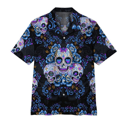 Blue Sugar Skull On Black Skin Pattern Hawaiian Shirt, Hawaiian Shirt Gift, Christmas Gift