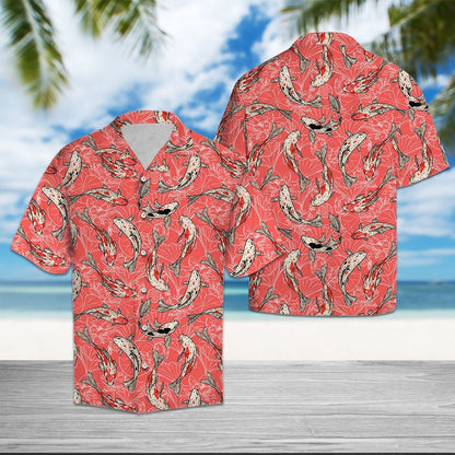 Koi Fish Hand Drawn Flowers In Coral Hawaiian Shirt, Hawaiian Shirt Gift, Christmas Gift