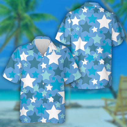 Glowing Blue And White Stars Pattern Independence Day Hawaiian Shirt, Hawaiian Shirt Gift, Christmas Gift