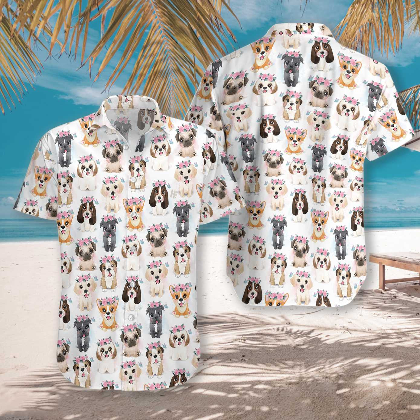 Cute Puppies With Flowers Crown White Background Hawaiian Shirt, Hawaiian Shirt Gift, Christmas Gift