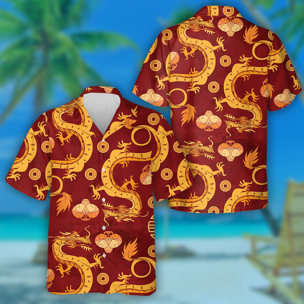 Gold Dragons And Orchids Chinese Ornament Hawaiian Shirt,Hawaiian Shirt Gift, Christmas Gift