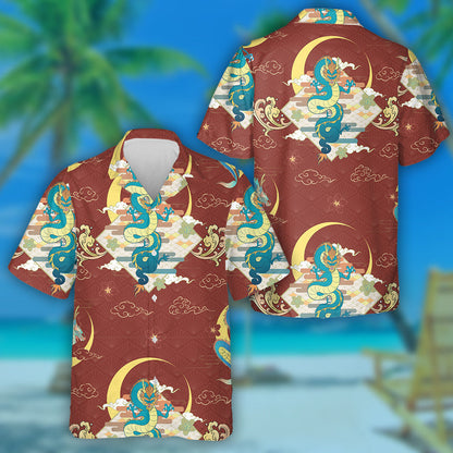 Colorful Theme With Flying Dragon With Crescent Moon Hawaiian Shirt, Hawaiian Shirt Gift, Christmas Gift