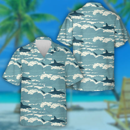 Hand Drawn Vintage Pattern Of Sharks And Waves Hawaiian Shirt, Hawaiian Shirt Gift, Christmas Gift