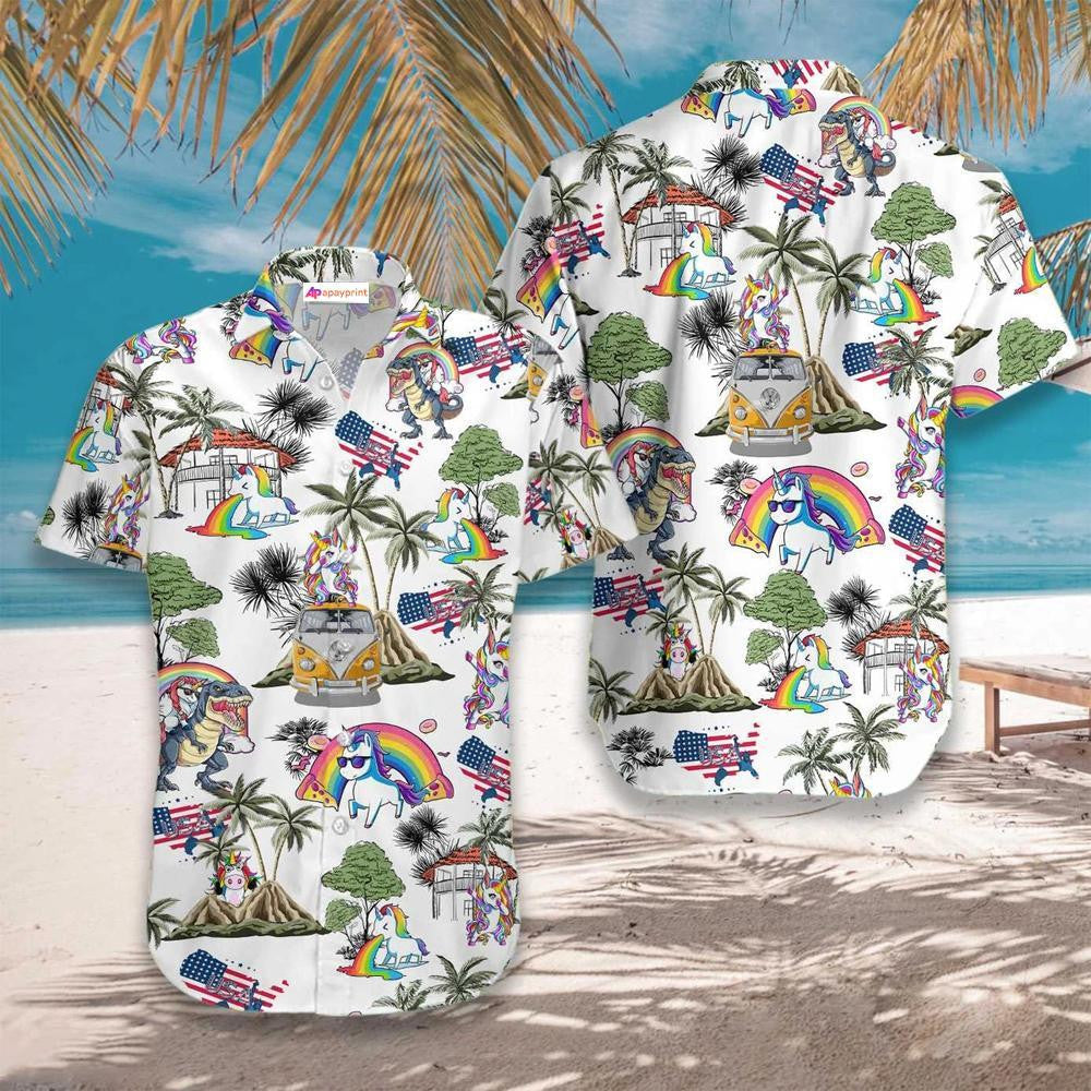Unicorn American Flag On White Background Pattern Hawaiian Shirt, Hawaiian Shirt Gift, Christmas Gift