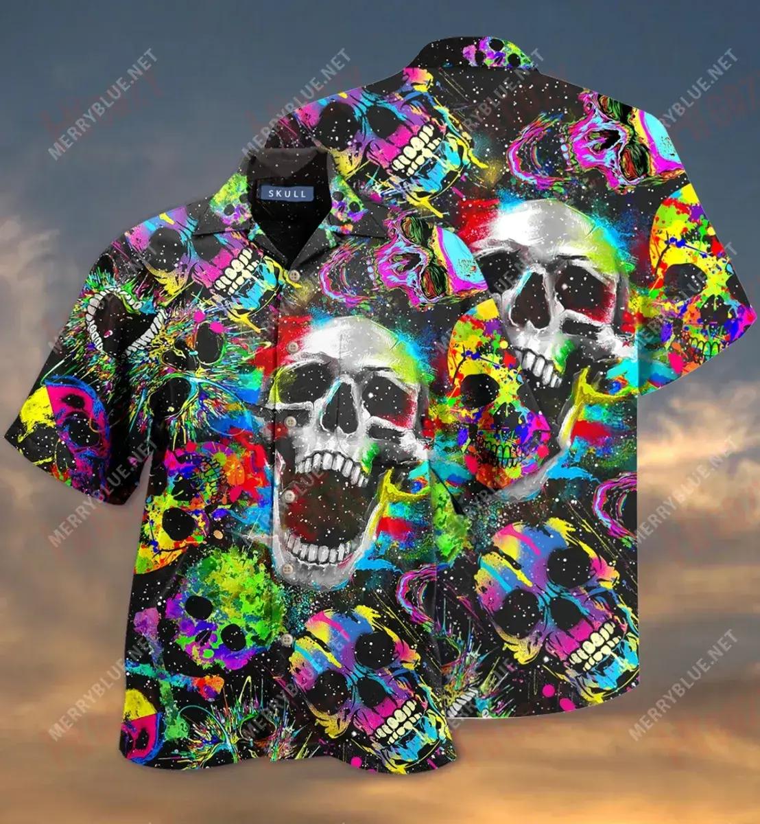 Colorful Skull Short Short Sleeve Shirt Summer Hawaiian T Shirts Best Hawaiian Shirts Hawaiian Shirt Pattern, Hawaiian Shirt Gift, Christmas Gift