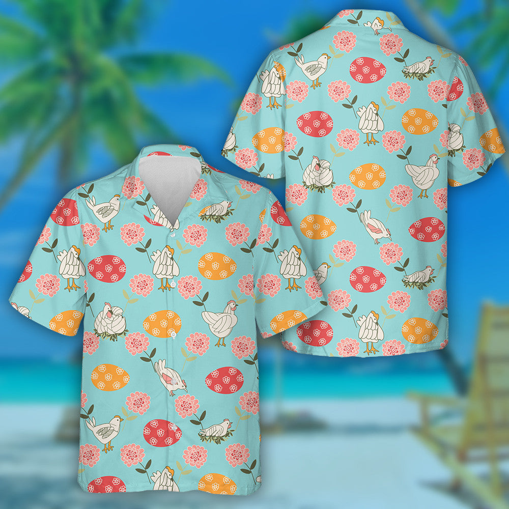 Funny Chicken With Colorful Eggs And Flowers Hawaiian Shirt, Hawaiian Shirt Gift, Christmas Gift