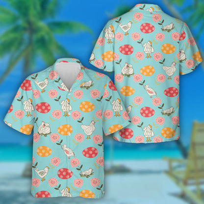 Funny Chicken With Colorful Eggs And Flowers Hawaiian Shirt, Hawaiian Shirt Gift, Christmas Gift
