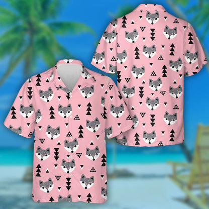 Geometric Baby Fox Kids Woodland Themed Pink Background Hawaiian Shirt, Hawaiian Shirt Gift, Christmas Gift