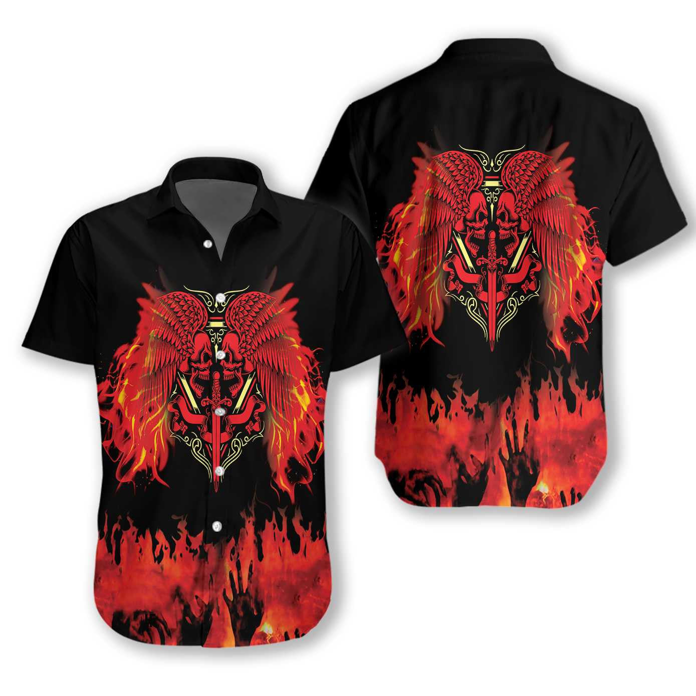 Two Faced Skull On Fire Black And Red Design Hawaiian Shirt, Hawaiian Shirt Gift, Christmas Gift
