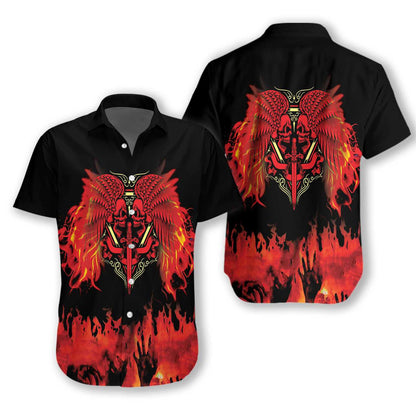 Two Faced Skull On Fire Black And Red Design Hawaiian Shirt, Hawaiian Shirt Gift, Christmas Gift