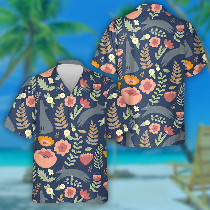 Wolf And Colorful Stylized Flowers Background Hawaiian Shirt, Hwaiian For Gift