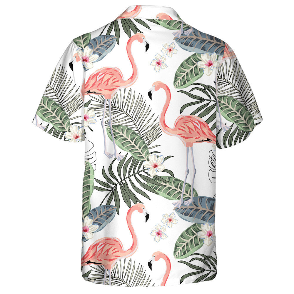 Tropical Pink Flamingo Plumeria flowers And Palm Leaves Hawaiian Shirt, Hawaiian Shirt Gift, Christmas Gift