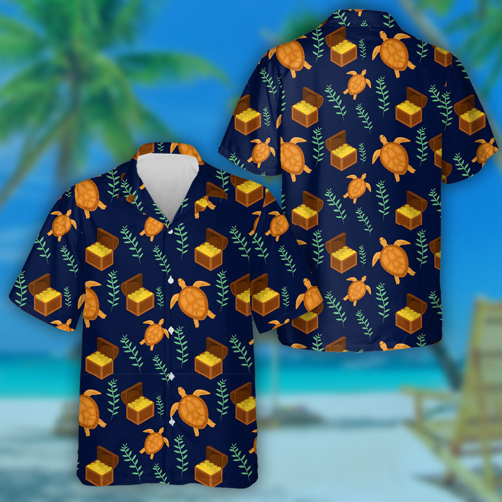 Sea Turtles And Treasure Chest On Dark Blue Background Hawaiian Shirt, Hawaiian Shirt Gift, Christmas Gift