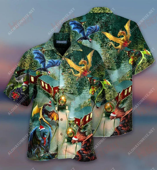 Dragons Christmas Train Short Hawaiian Shirt Ocean Tropical Shirts Best Hawaiian Shirts Hawaiian Shirts For Women, Hawaiian Shirt Gift, Christmas Gift