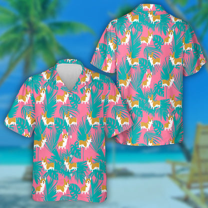 Corgi Dog And Tropical Leaf Isolated Background Hawaiian Shirt, Hawaiian Shirt Gift, Christmas Gift