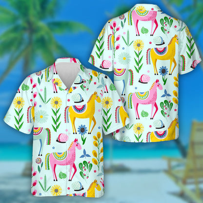 Multicolor Horses And Flowers On A Blue Background Hawaiian Shirt, Hawaiian Shirt Gift, Christmas Gift