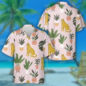 Wild Animals Cute Cartoon Leopard With Home Plants Hawaiian Shirt, Hawaiian Shirt Gift, Christmas Gift