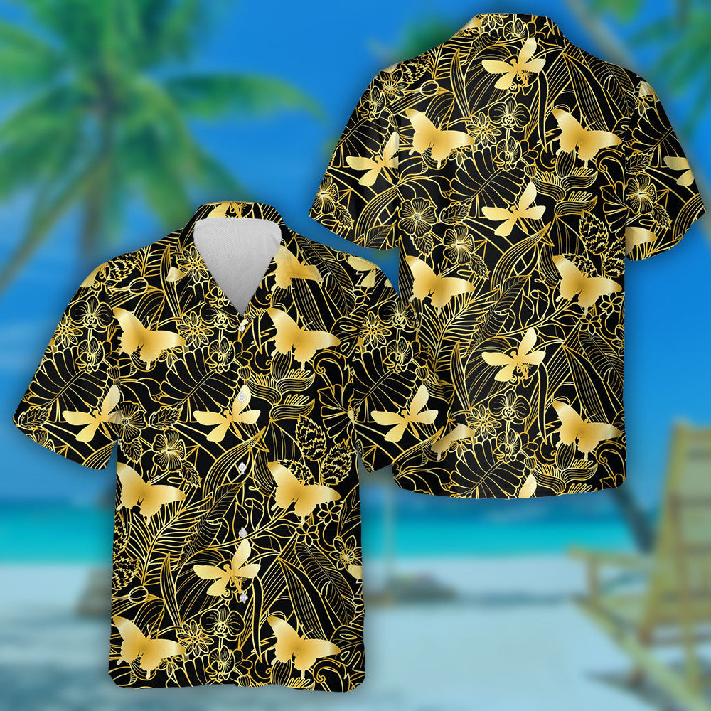 Golden Butterfly And Tropical Flowers Plants Hawaiian Shirt,Hawaiian Shirt Gift, Christmas Gift