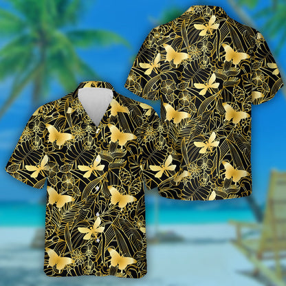 Golden Butterfly And Tropical Flowers Plants Hawaiian Shirt,Hawaiian Shirt Gift, Christmas Gift