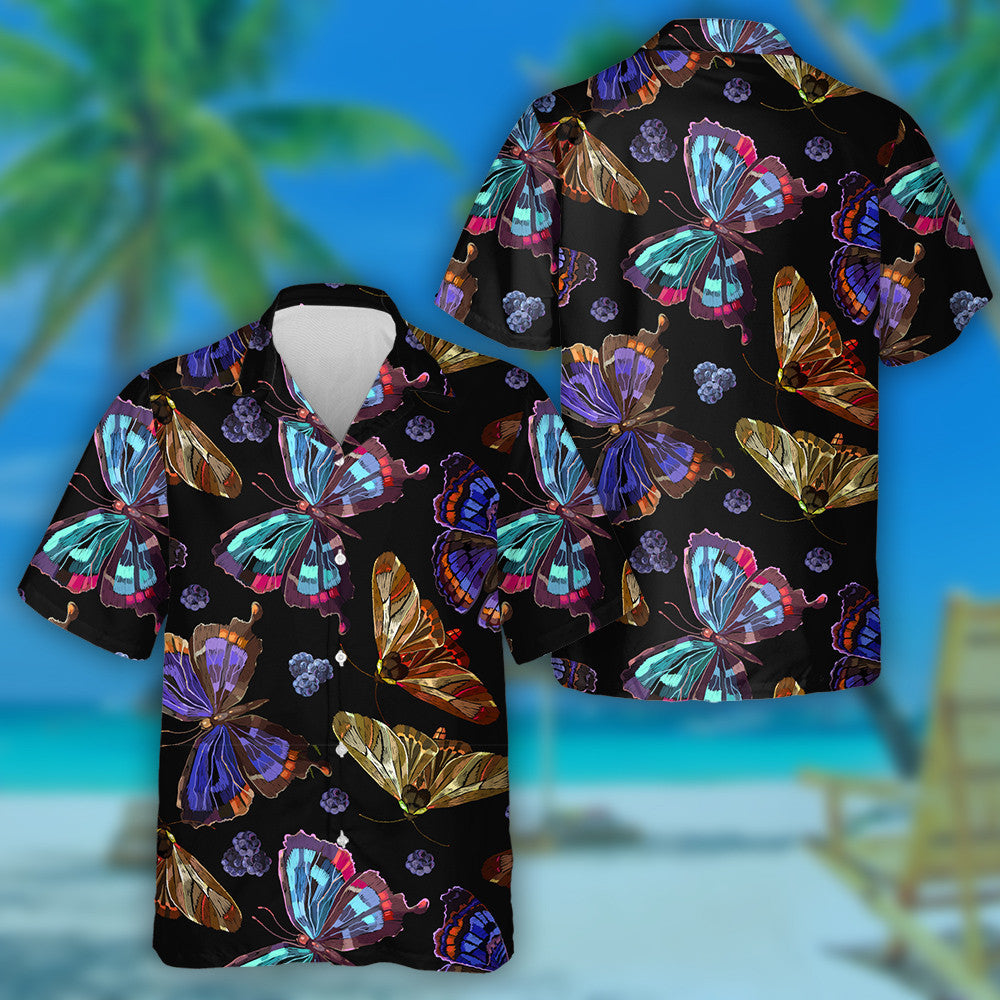 Theme Embroidery Butterflies And Berries Night Garden Art Hawaiian Shirt, Hawaiian Shirt Gift, Christmas Gift
