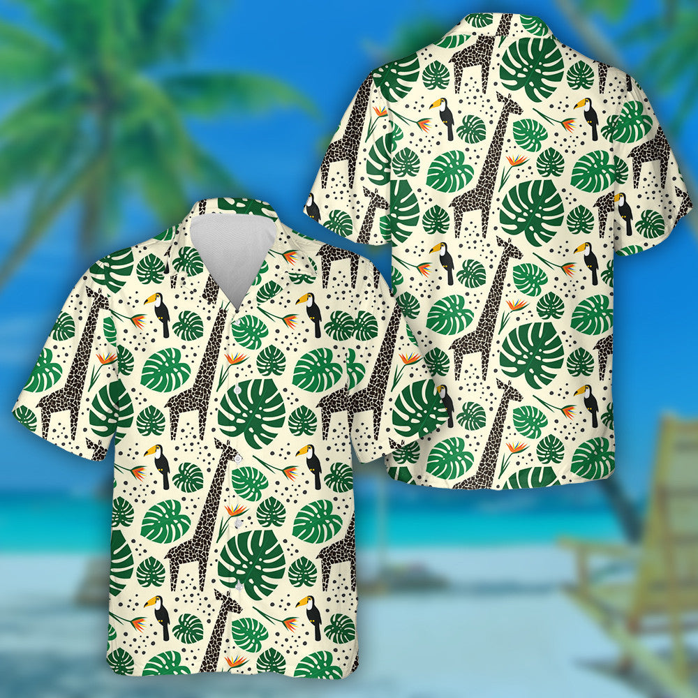 Monstera Leaf With Black Giraffe And Toucan Pattern Hawaiian Shirt, Hawaiian Shirt Gift, Christmas Gift