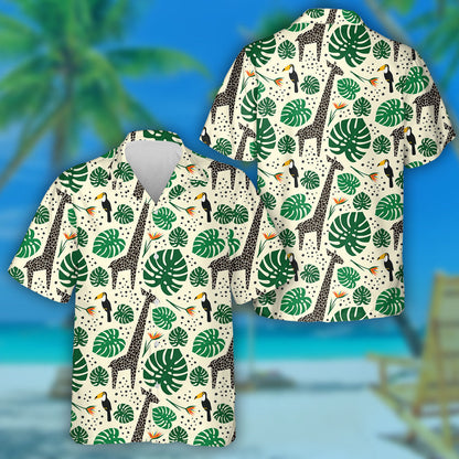 Monstera Leaf With Black Giraffe And Toucan Pattern Hawaiian Shirt, Hawaiian Shirt Gift, Christmas Gift