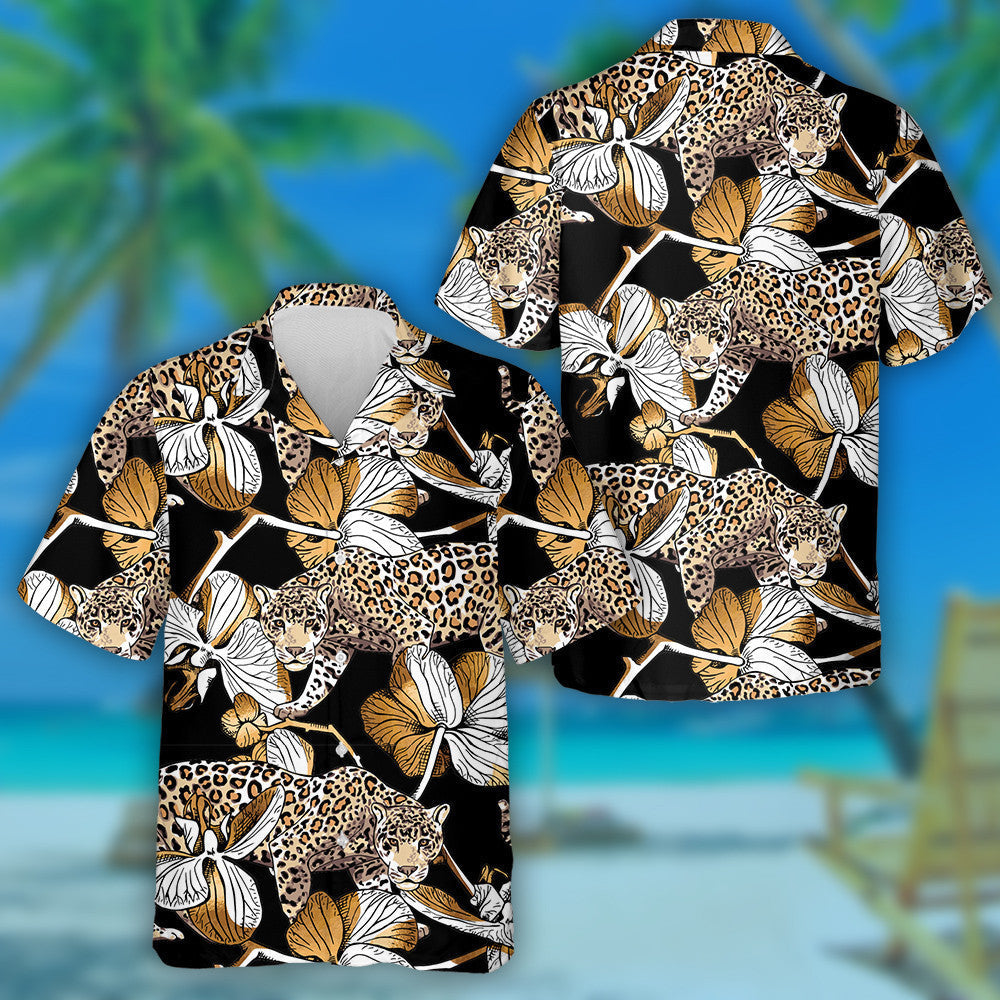 Gold Leopard And Orchid Flowers On Black Background Hawaiian Shirt, Hawaiian Shirt Gift, Christmas Gift