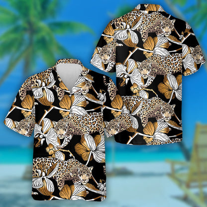 Gold Leopard And Orchid Flowers On Black Background Hawaiian Shirt, Hawaiian Shirt Gift, Christmas Gift
