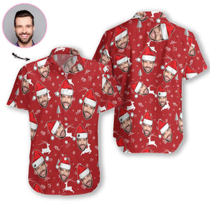 Red Theme White Deers And Snowflakes Custom Photo Hawaiian Shirt, Hawaiian Shirt Gift, Christmas Gift