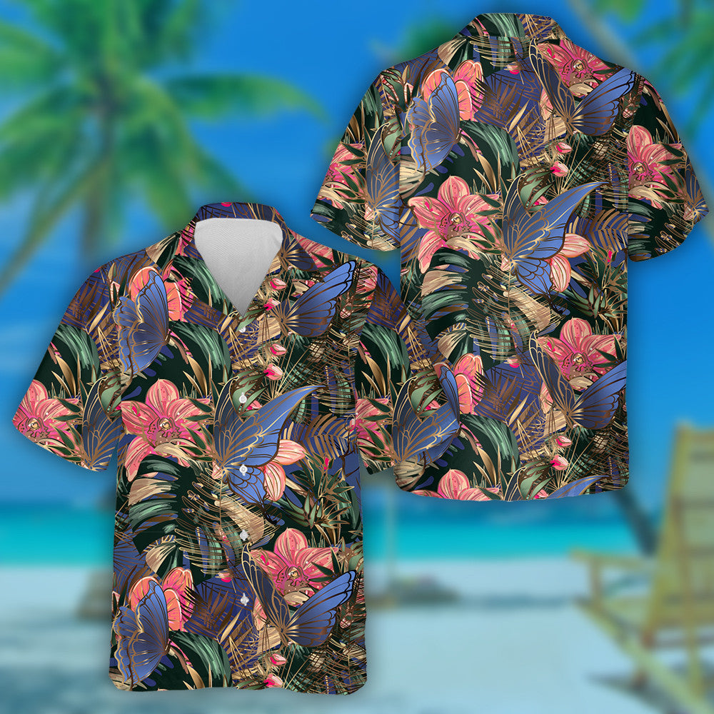 Theme Golden Tropical Leaves With Orchids And Butterflies Hawaiian Shirt, Hawaiian Shirt Gift, Christmas Gift
