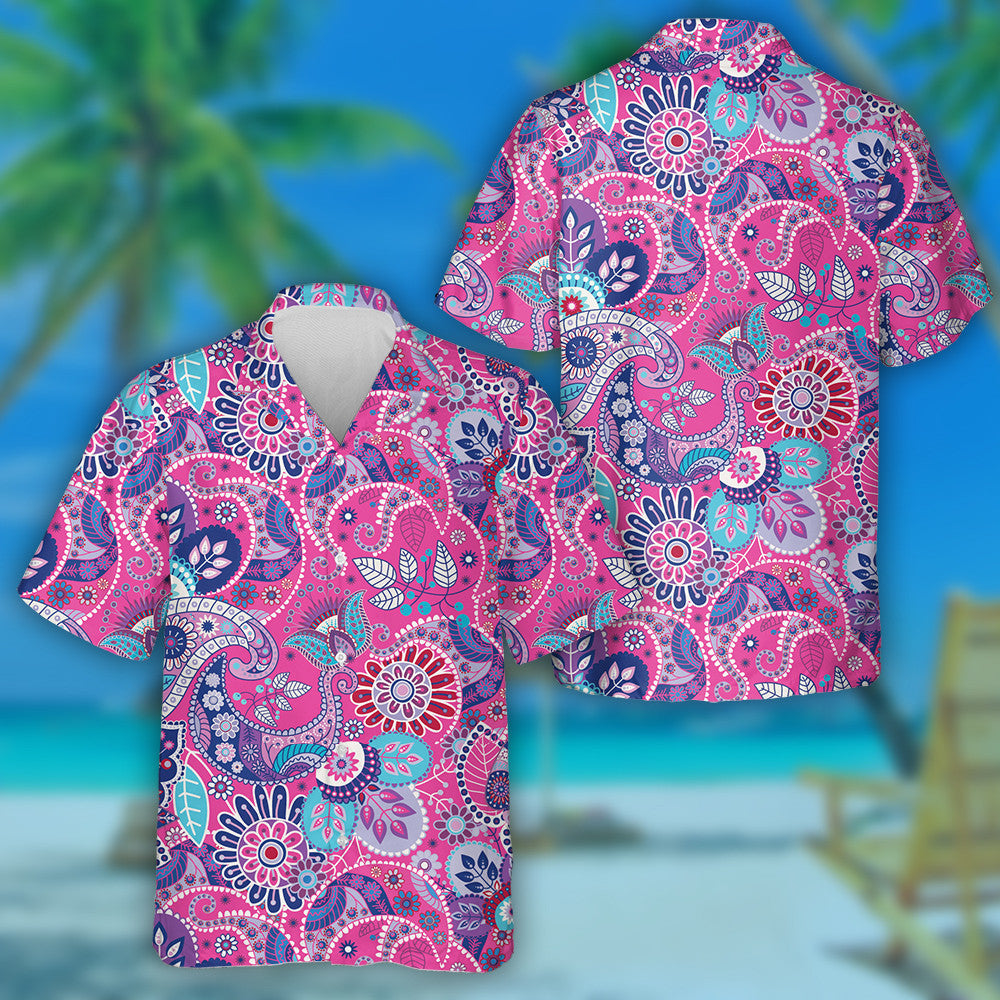 Pink Theme Paisley Backdrop With Stylized Flowers Design Hawaiian Shirt, Hawaiian Shirt Gift, Christmas Gift