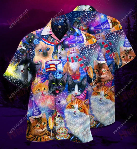 Cats Wish You Happy New Year Short Hawaiian Shirt Summer Aloha Shirt Tactical Hawaiian Shirt Hawaiian Shirt Pattern, Hawaiian Shirt Gift, Christmas Gift