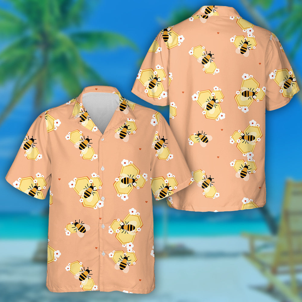 Striped Bee On A Honeycomb With Flowers Hawaiian Shirt,Hawaiian Shirt Gift, Christmas Gift