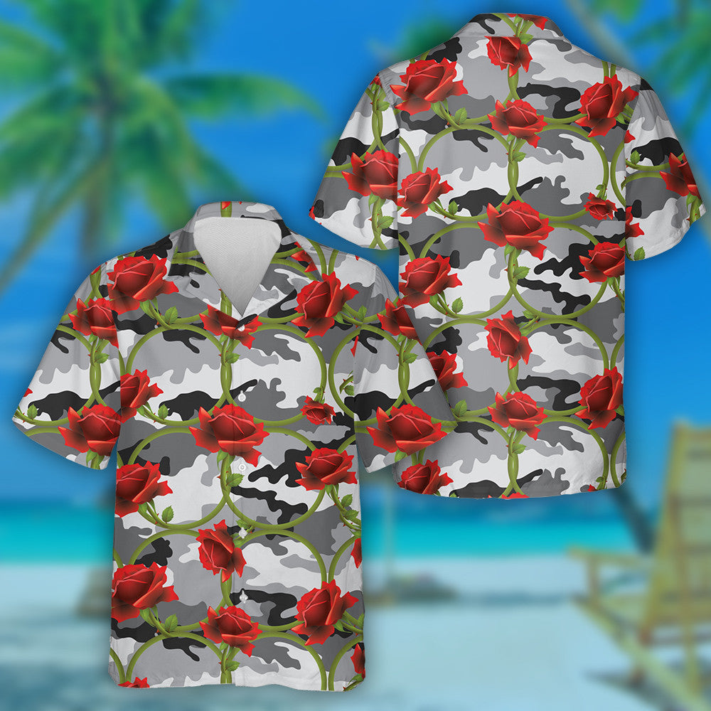 Enticing Red Rose Circle On Gray Camo Pattern Hawaiian Shirt, Hawaiian Shirt Gift, Christmas Gift