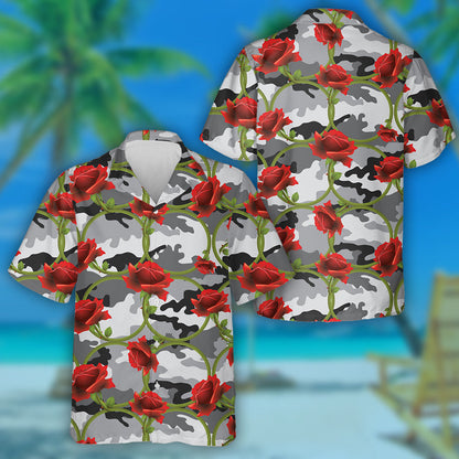 Enticing Red Rose Circle On Gray Camo Pattern Hawaiian Shirt, Hawaiian Shirt Gift, Christmas Gift