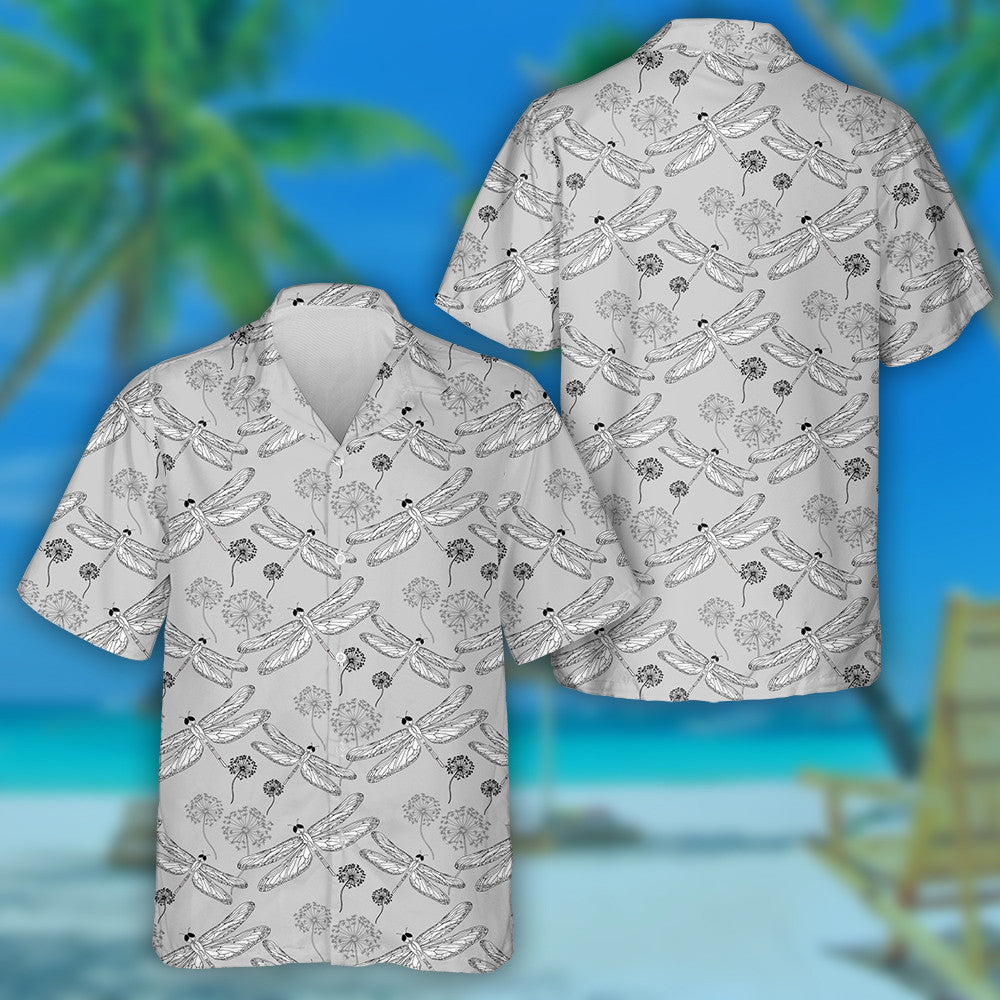 Bright Flying Dragonfly And Dandelion On Grey Hawaiian Shirt, Hawaiian Shirt Gift, Christmas Gift