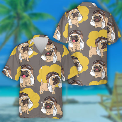 Cartoon Pug Puppy In A Pilot Helmet And Clouds Hawaiian Shirt, Hawaiian Shirt Gift, Christmas Gift