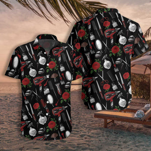 Hairdresser Tools On Black Background Design Hawaiian Shirt,Hawaiian Shirt Gift, Christmas Gift