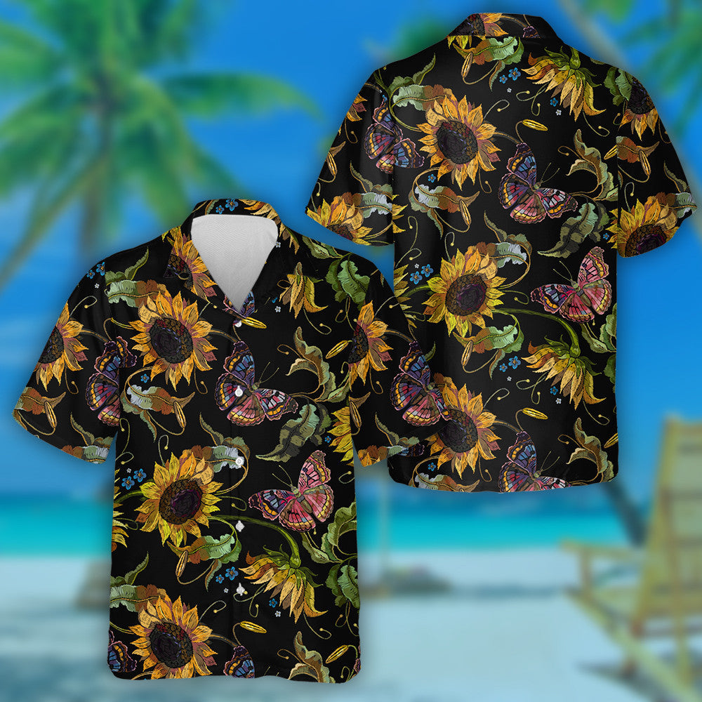 Awesome Embroidery Sunflowers And Butterflies On Black Background Hawaiian Shirt, Hawaiian Shirt Gift, Christmas Gift