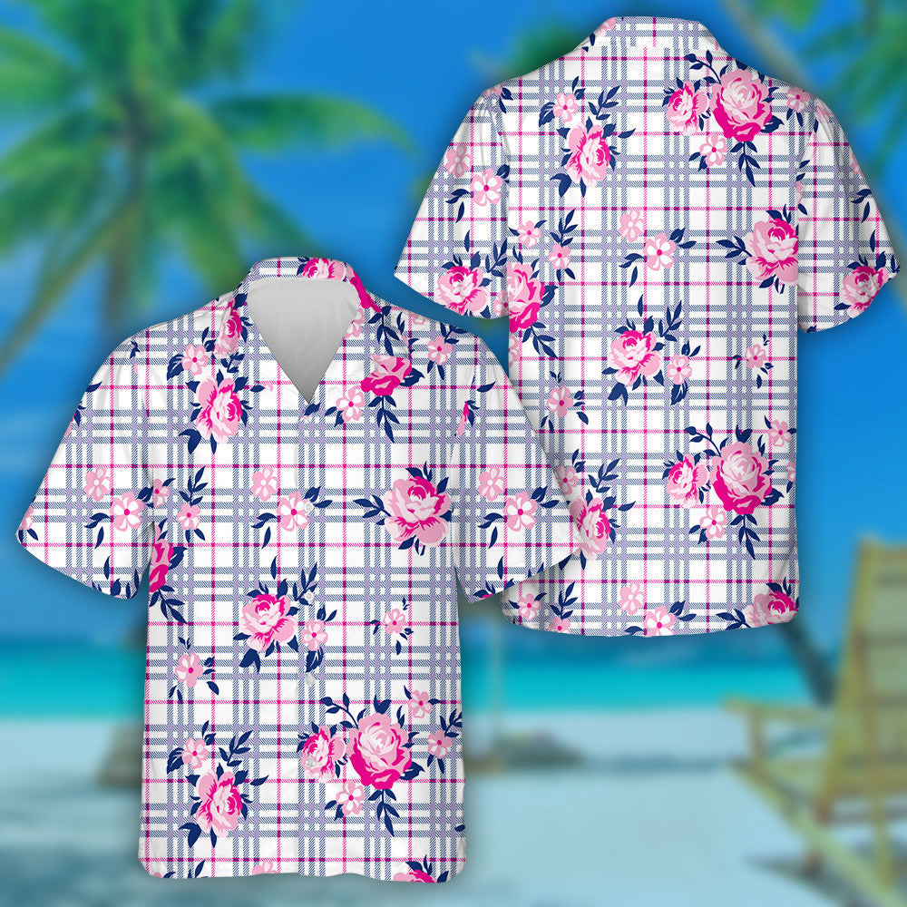 Bouquet Roses And Small Daisies On Checkered Background Hawaiian Shirt, Hawaiian Shirt Gift, Christmas Gift