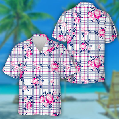 Bouquet Roses And Small Daisies On Checkered Background Hawaiian Shirt, Hawaiian Shirt Gift, Christmas Gift