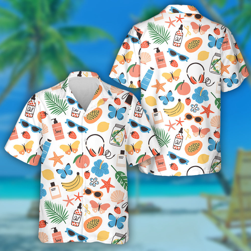 Hand Drawn Summer Palm Leaves Sunglasses And Butterflies Hawaiian Shirt, Hawaiian Shirt Gift, Christmas Gift