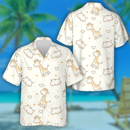 Cute Cartoon Giraffe Hippotamus Heart Star Pattern Hawaiian Shirt, Hawaiian Shirt Gift, Christmas Gift