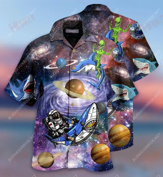 Sharks In The Space Short Hawaiian Shirt Vacation Hawaiian T Shirts Tropical Shirts For Men Funny Hawaiian Shirts, Hawaiian Shirt Gift, Christmas Gift