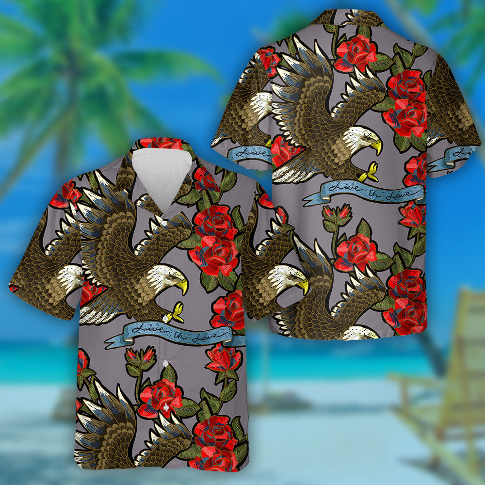 Embroidery With Roses and An Eagle Symbol Of Freedom Hawaiian Shirt, Hawaiian Shirt Gift, Christmas Gift