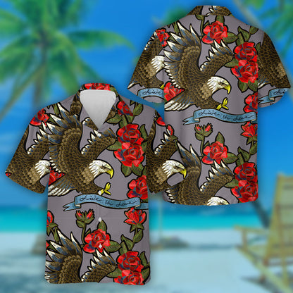 Embroidery With Roses and An Eagle Symbol Of Freedom Hawaiian Shirt, Hawaiian Shirt Gift, Christmas Gift